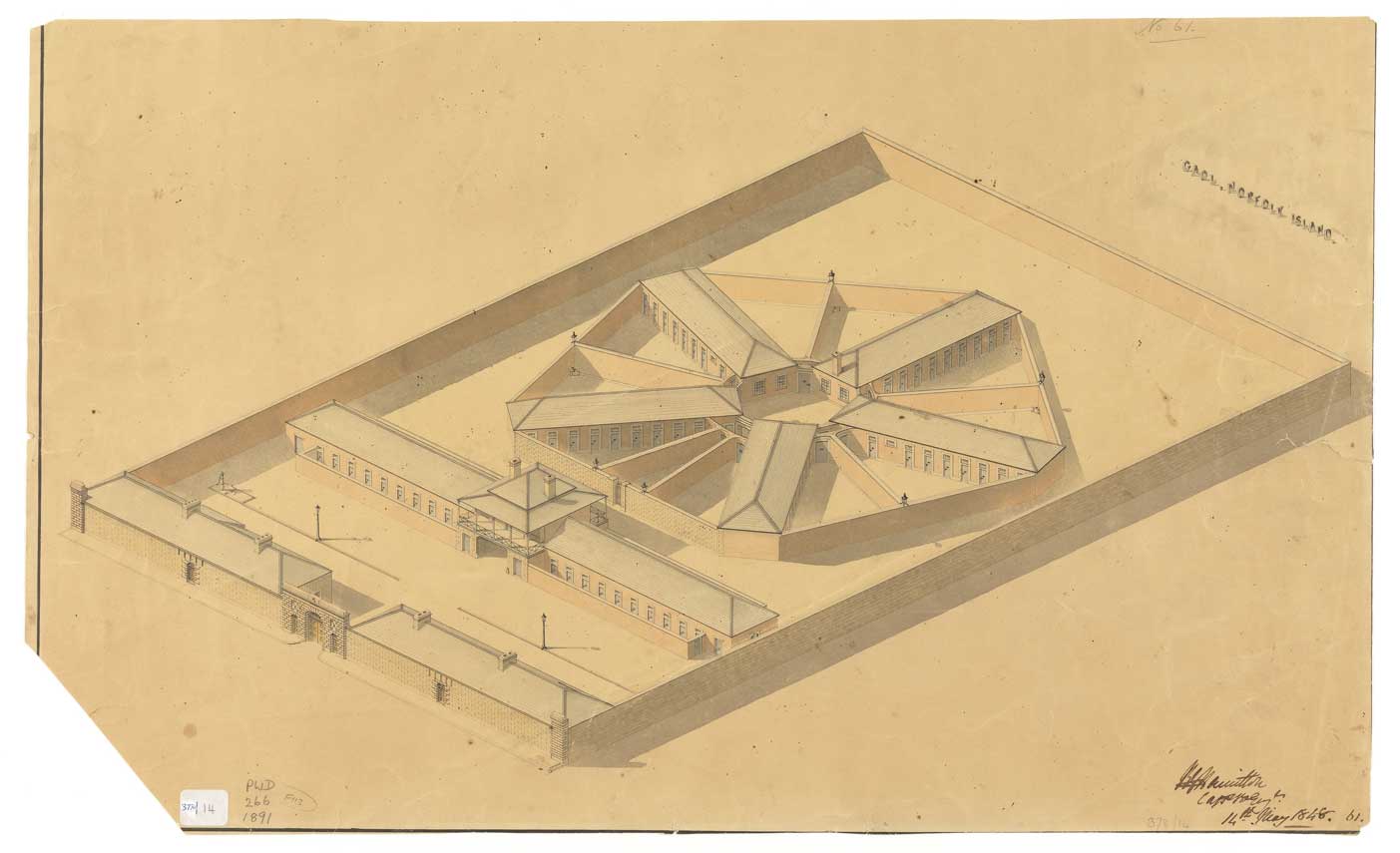 Proposed new Norfolk Island gaol, 14 May 1848. Courtesy: TAHO, PWD266/1/1891. Proposed new Norfolk Island gaol, 14 May 1848. Courtesy: TAHO, PWD266/1/1891.