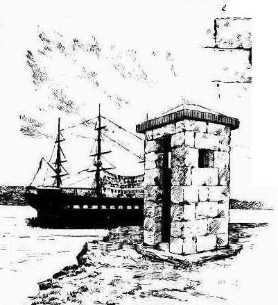 View from Cockatoo Island with old stone sentry box and Vernon in the background. Image:Illustrated Sydney News, Thu 14 Nov 1889, p. 16. Reproduction: Peter de Waal