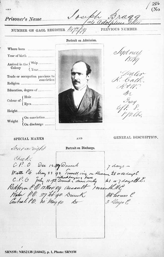 Joseph Bragg’s 1879 gaol photo record sheet. SRN- SW: NRS2138, [3/6042]. Photo SRNSW