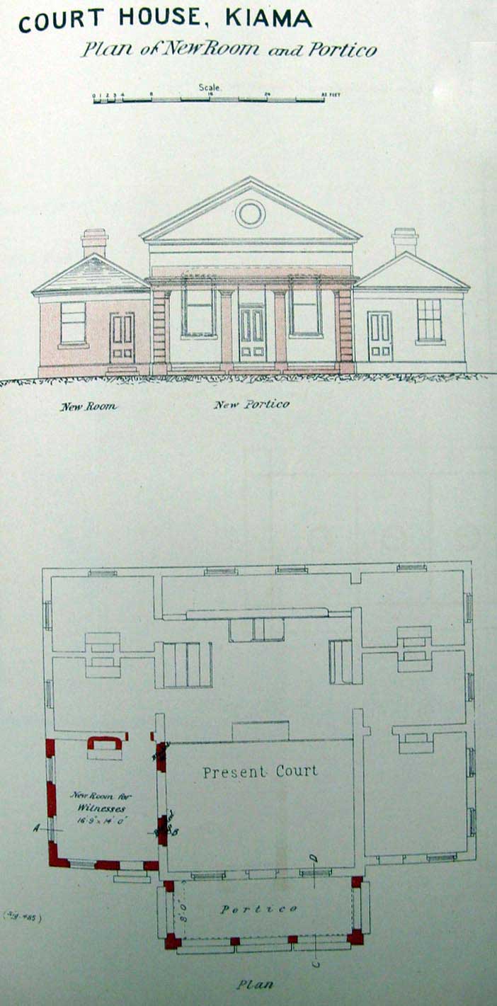 Kiama courthouse, plan of new room and portico. ML: Q352.77099/4 Court-house, Kiama: correspondence respect- ing, 13 Oct 1890-18 Jul 1892, pp. 85-90. Reproduction: Peter de Waal