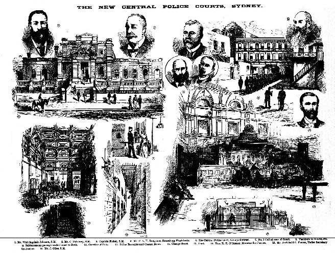 Central Police Court, Liverpool street, Sydney. Above left, Hon RE O’Connor, Minister for Justice, above right, Mr Archibald C Fraser, Under Secretary for Justice. Image: <em>Illustrated Sydney News</em>, Sat 29 Oct 1892, p.17. Reproduction: Peter de Waal.