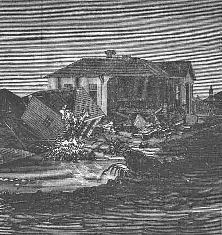 Left, destroyed old West Maitland courthouse, and Mr Ledsam’ cottage, after 1870 floods. Image: Australian Town and Country Journal,Sat14May1870,p.16. Reproduction: Peter de Waal Left, destroyed old West Maitland courthouse, and Mr Ledsam’ cottage, after 1870 floods. Image: Australian Town and Country Journal,Sat14May1870,p.16. Reproduction: Peter de Waal