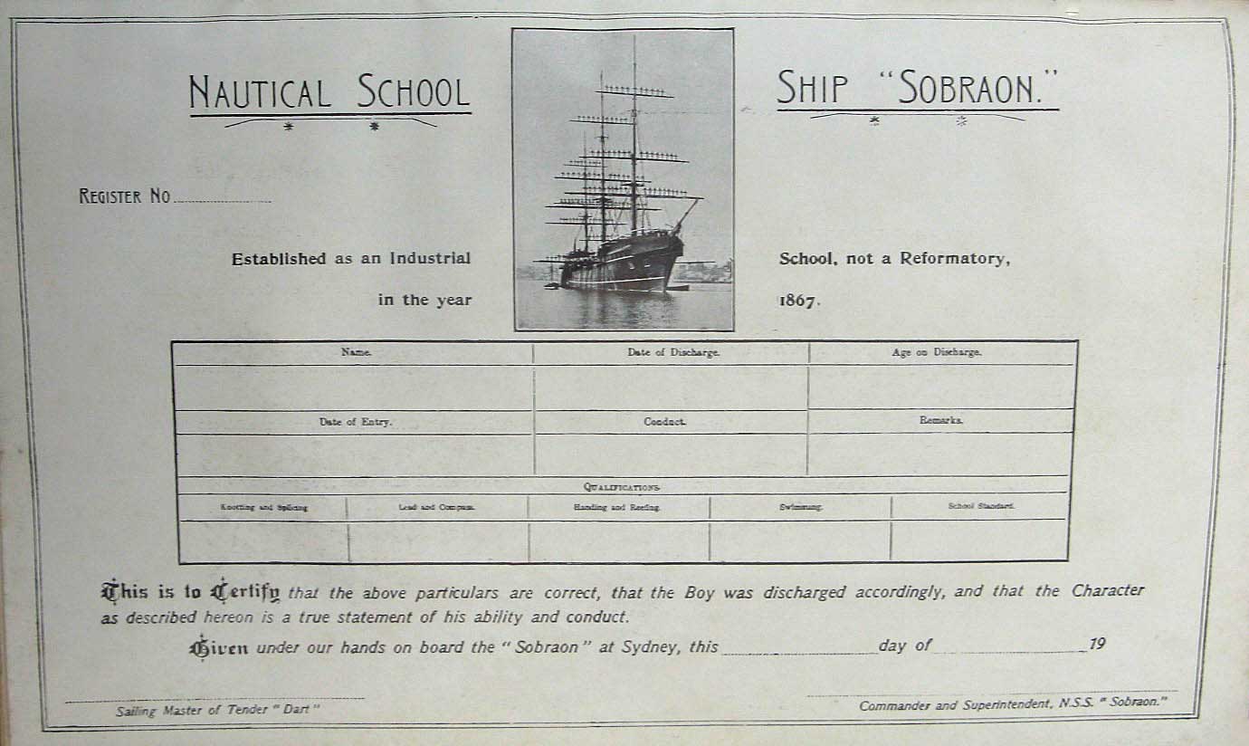 Sobraon discharge certificate. ML: Q364/N, Report of the Superintendent of the Nautical School-Ship “Sobraon” for the Year Ended, 30 Apr 1906. Reproduction: Peter de Waal