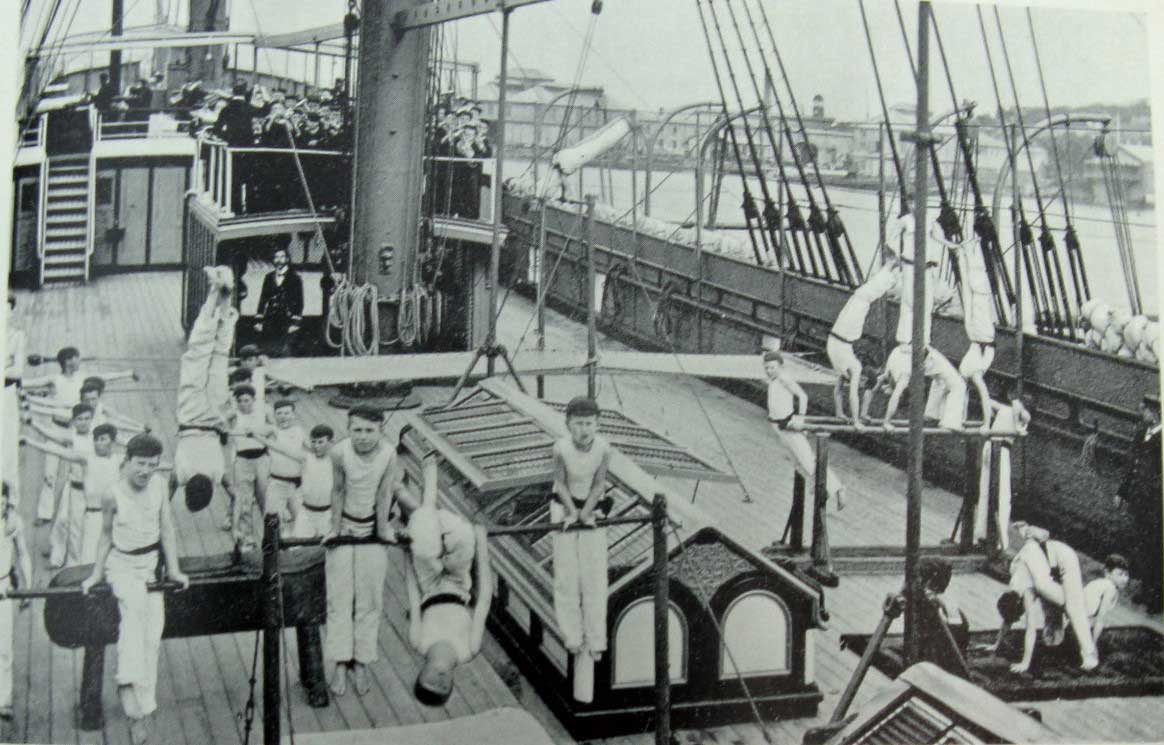Sobraon gymnastic club with band. ML: Q371.9305/1, Report of the Superintendent of the Nautical School-Ship “Sobraon” for the Year Ended, 30 Apr 1899. Reproduction: Peter de Waal