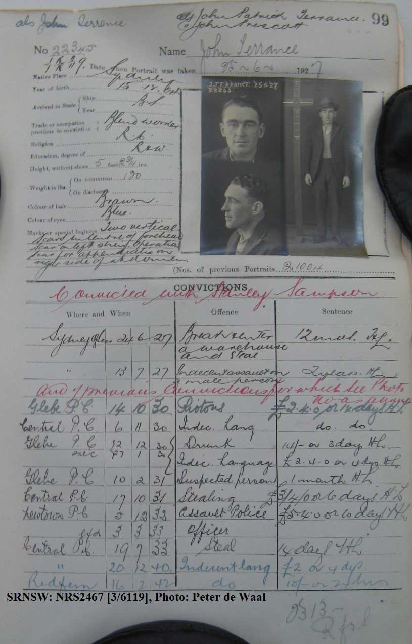 SRNSW: NRS2467, [3/611- 9], State Penitentiary photographic description book, 5 May-7 Oct 1927, No. 22345, p. 99. Photo: Peter de Waal