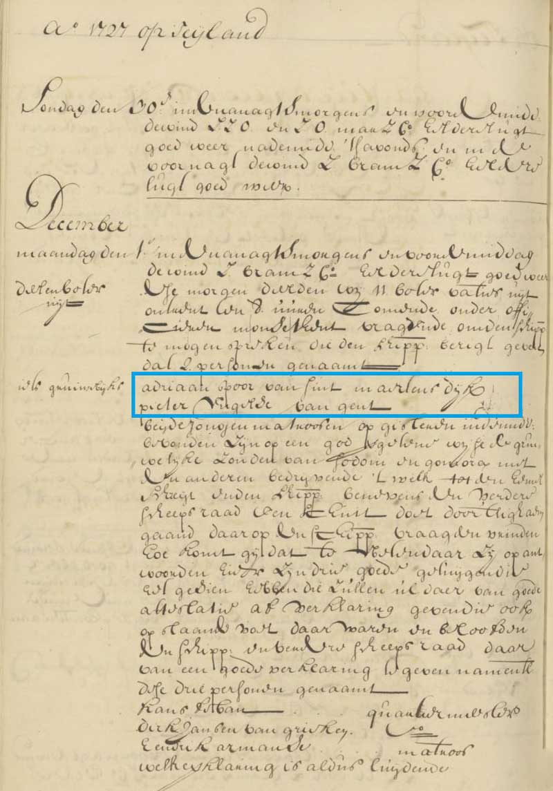 Zeewijk ship’s log, Mon 1 Dec 1727. Source: Dutch National Archives, Inventory no. 11417, scan: 242. Reproduction: Peter de Waal