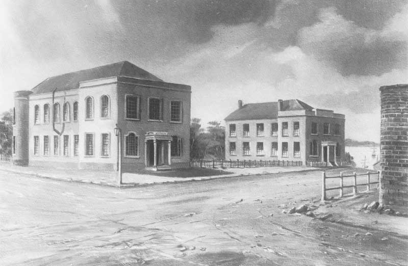 Photograph of - Sketch of Supreme Court and Police Office, Murray Street Hobart, 1838. Source: AOT PH30-1-631. Reproduction: Peter de Waal