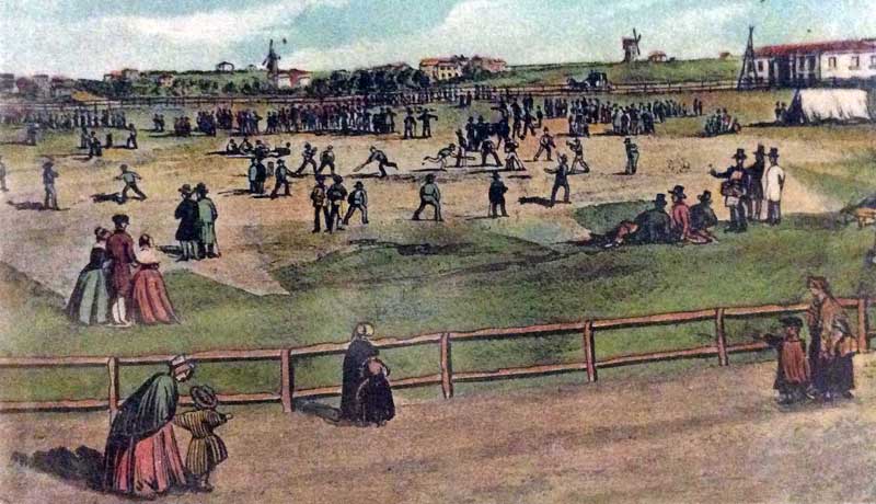 Hyde Park 1842. Cricket in the south-east portion looking towards Darlinghurst. Macquarie street railing in foreground. Image: NSW State Library, PXA 2113, box 56. Reproduction: Peter de Waal