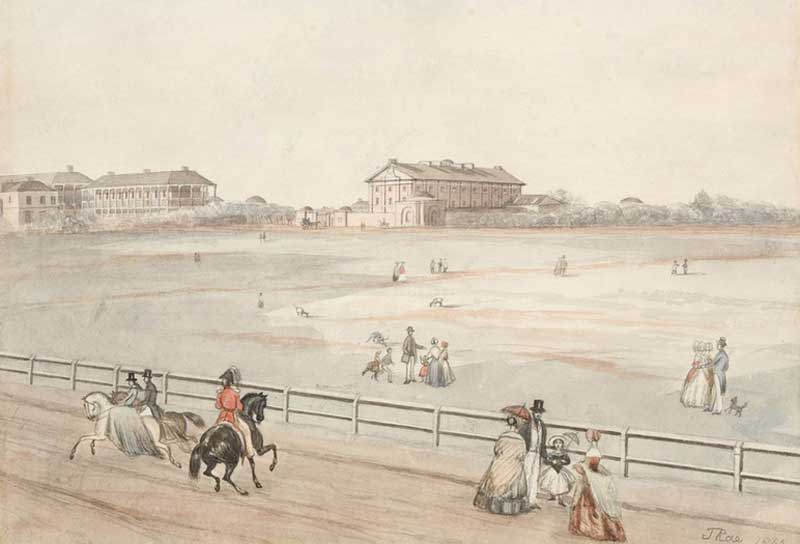Hyde Park, St James Parsonage Dispensary, afterwards the Mint, and Emigration (Hyde Park) Barracks, John Rae, painting, 1842. Image: NSW State Library collection. Reproduction: Peter de Waal Hyde Park, St James Parsonage Dispensary, afterwards the Mint, and Emigration (Hyde Park) Barracks, John Rae, painting, 1842. Image: NSW State Library collection. Reproduction: Peter de Waal