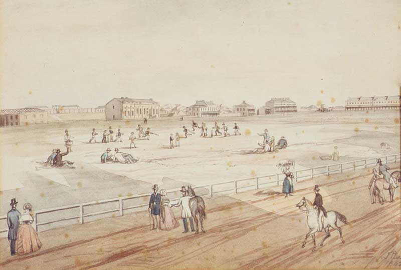 Hyde Park, Museum, Darlinghurst Gaol, Sydney Grammar School, Burdekin’s and Lyons’ Terraces, John Rae, painting, 1842. Image: Dixson Galleries, State Library of NSW. Reproduction: Peter de Waal