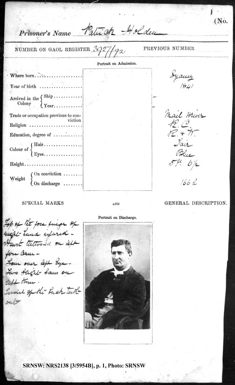 SRNSW: NRS2138, [3/5954B], Darlinghurst Gaol photographic description book, 1872-1873, No. 3927, p. 1, R5097. p.1.