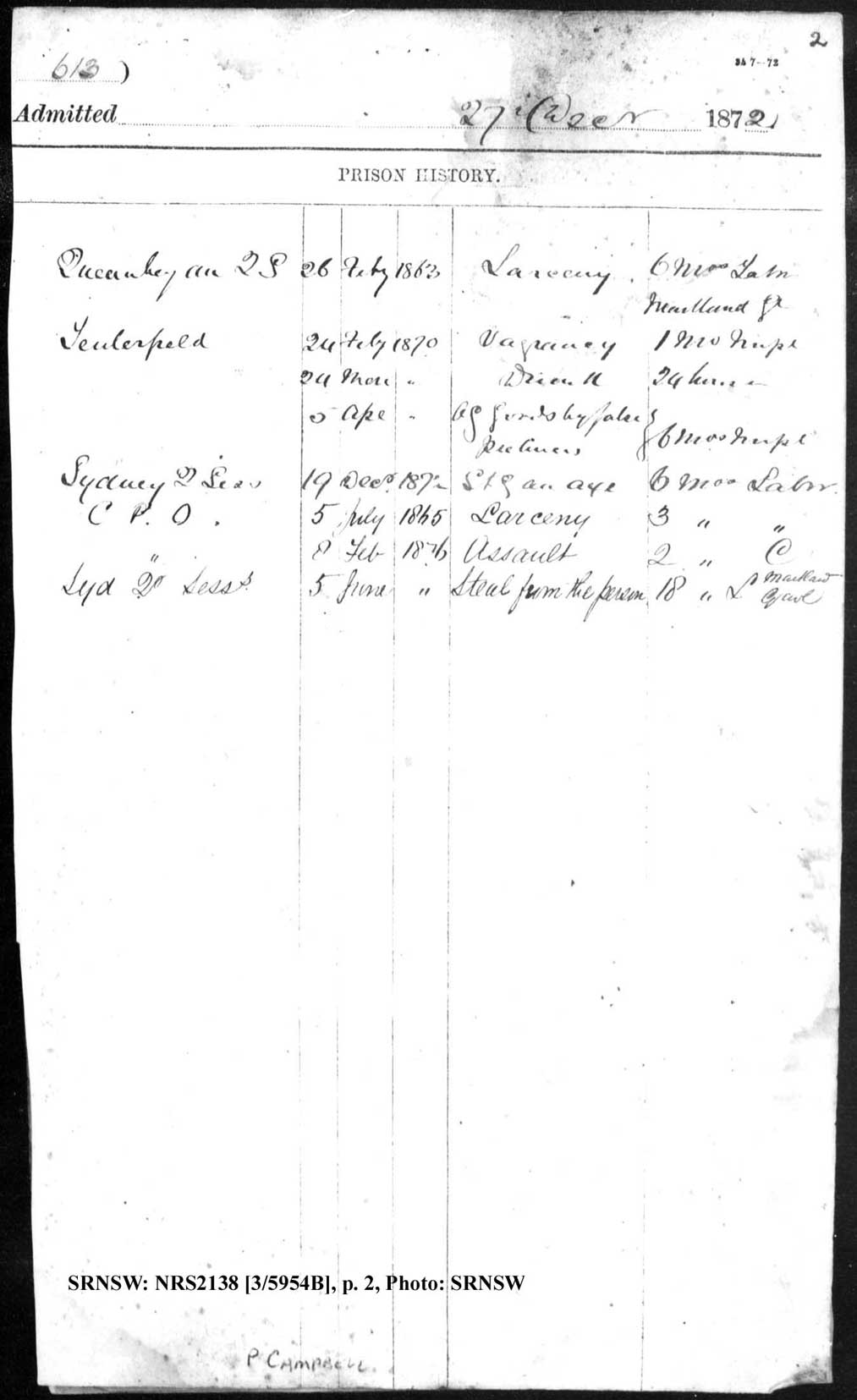 SRNSW: NRS2138, [3/5954B], Darlinghurst Gaol photographic description book, 1872-1873, No. 3927, p. 1, R5097. p.2.