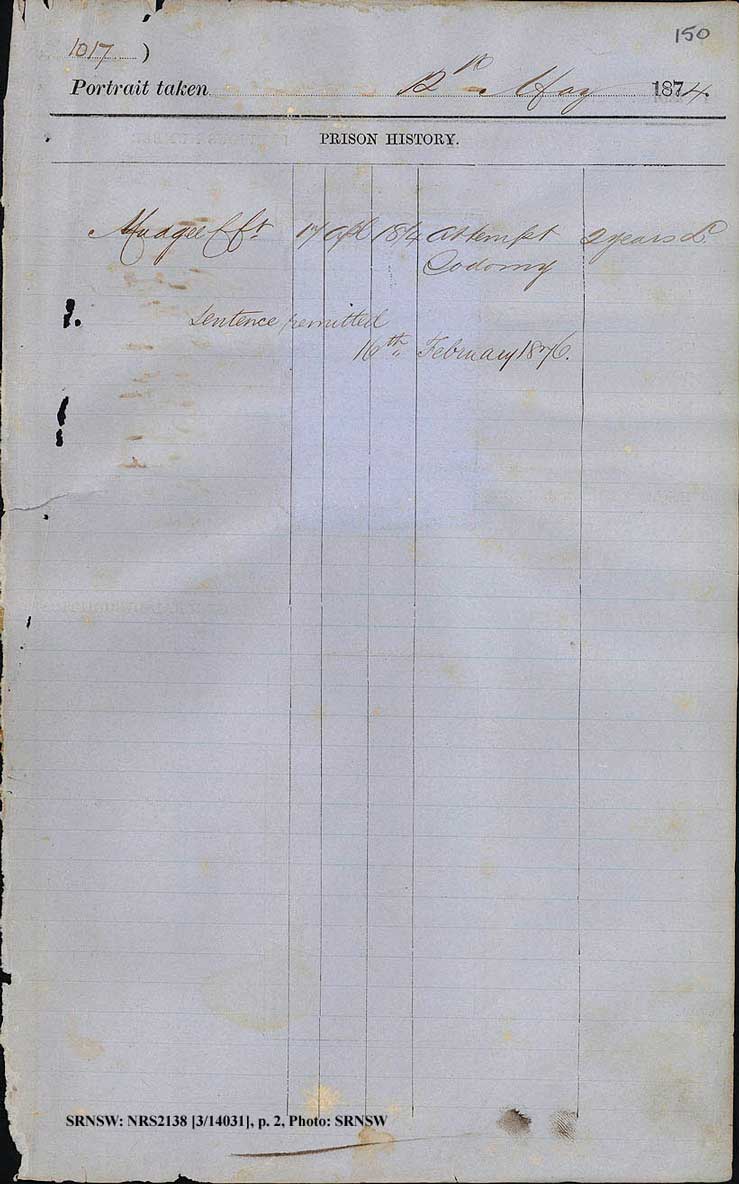 SRNSW: NRS2138, [3/14031], Darlinghurst Gaol photographic description book, Nov 1873-Dec 1874, No. 1017, p. 150, R5098. p.2.