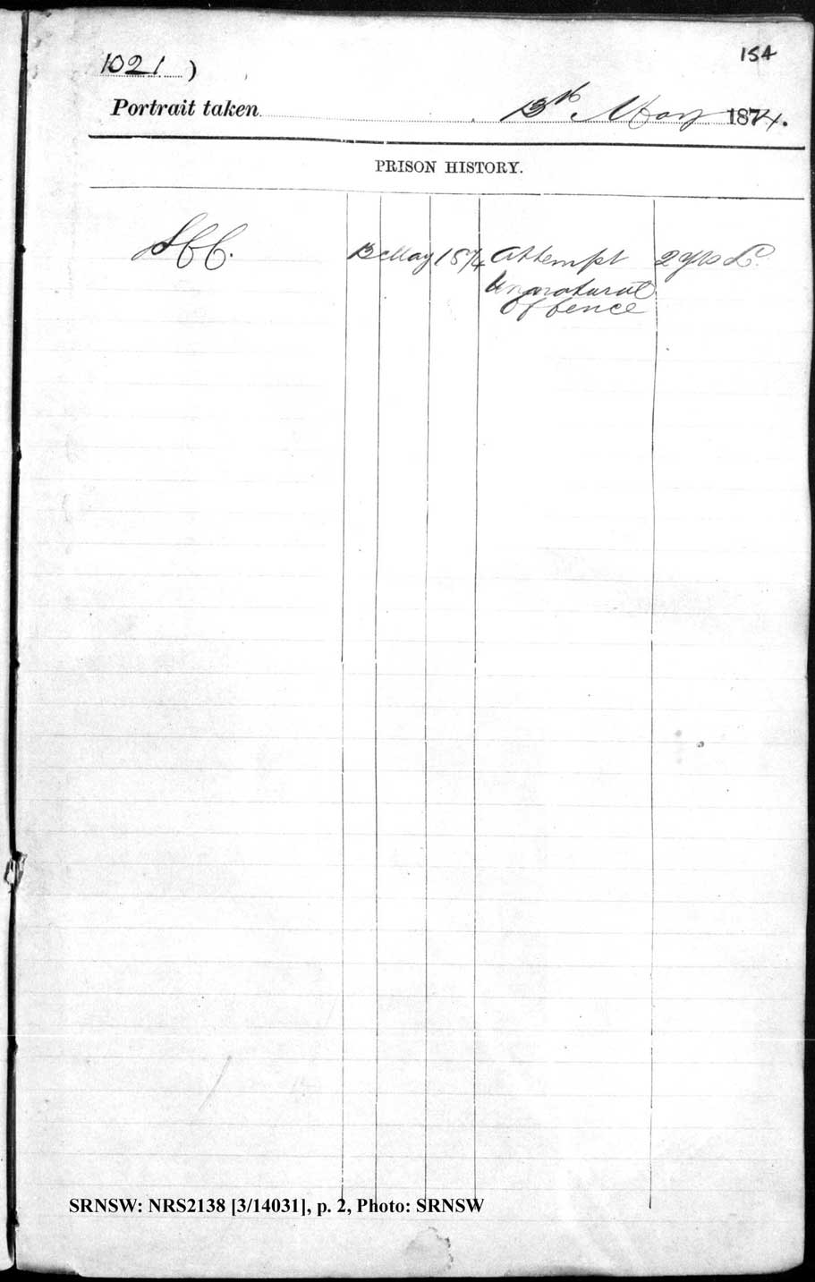 SRNSW: NRS2138, [3/14031], Darlinghurst Gaol photographic description book, 1873-1874, No. 1021, p. 154, R5098. p.2.
