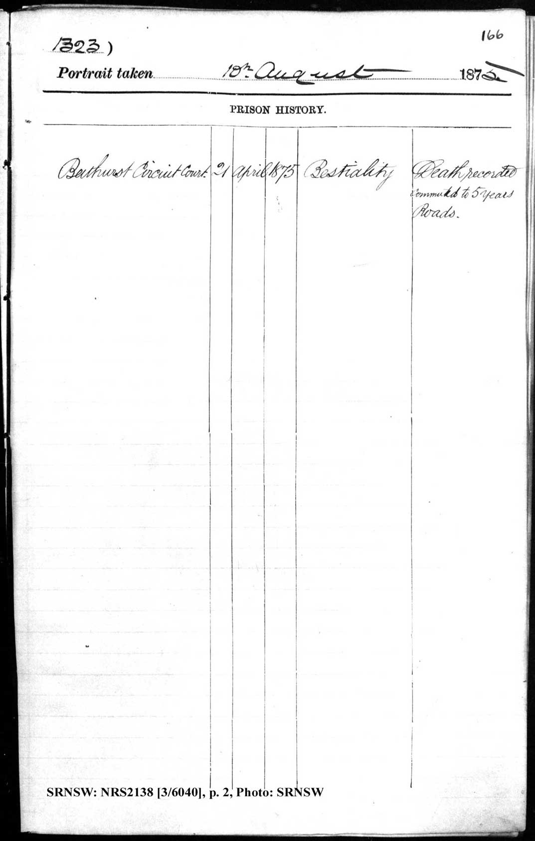 SRNSW: NRS2138, [3/6040], Darlinghurst Gaol photographic description book, 1874-1876, No. 1323, p. 166, R5098. p.1.
