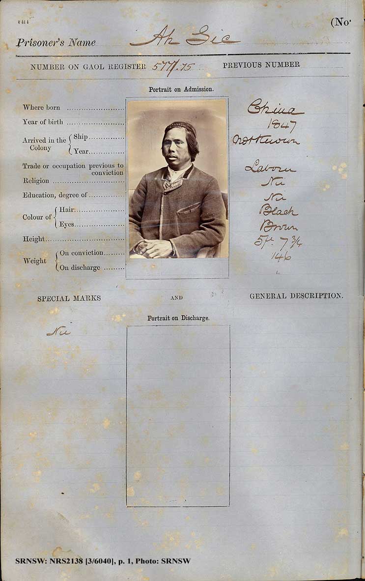 SRNSW: NRS2138, [3/6040], Darlinghurst Gaol photographic description book, 15 Dec 1874-22 Mar 1876, No. 1374, p. 216, R5098. p.1.