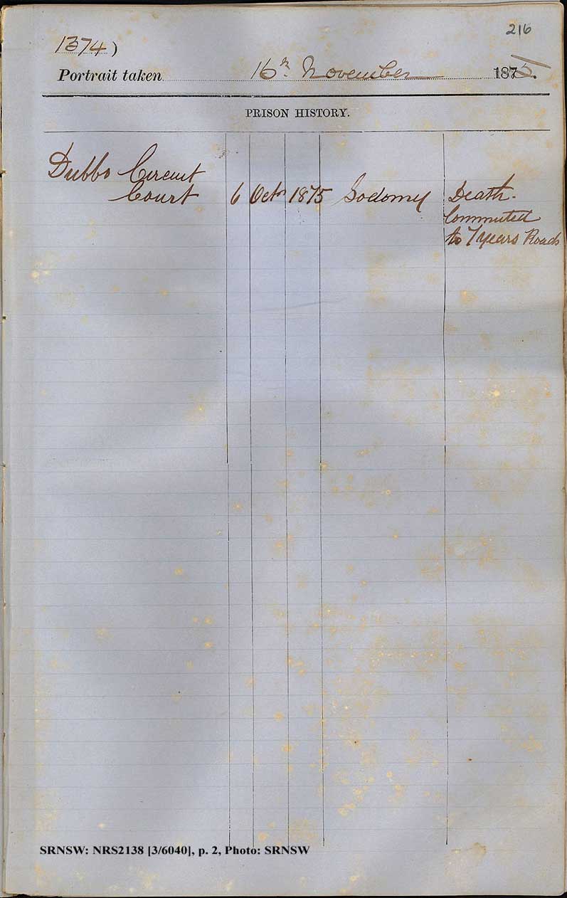 SRNSW: NRS2138, [3/6040], Darlinghurst Gaol photographic description book, 15 Dec 1874-22 Mar 1876, No. 1374, p. 216, R5098. p.2.