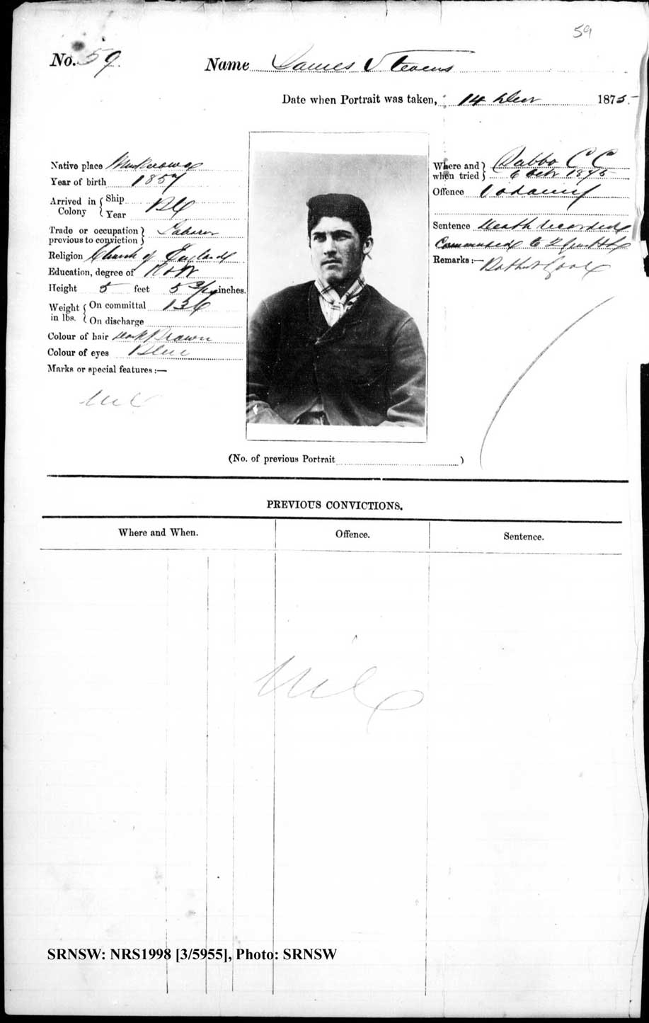 SRNSW: NRS1998, [3/5955], Bathurst Gaol photographic description book, 22 Dec 1874-27 Jul 1880, No. 59, p. 59, R5084.