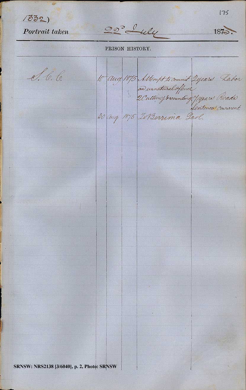 SRNSW: NRS2138, [3/6040], Darlinghurst Gaol photographic description book, 1874-1876, No. 1332, p. 175, R5098. p.2.