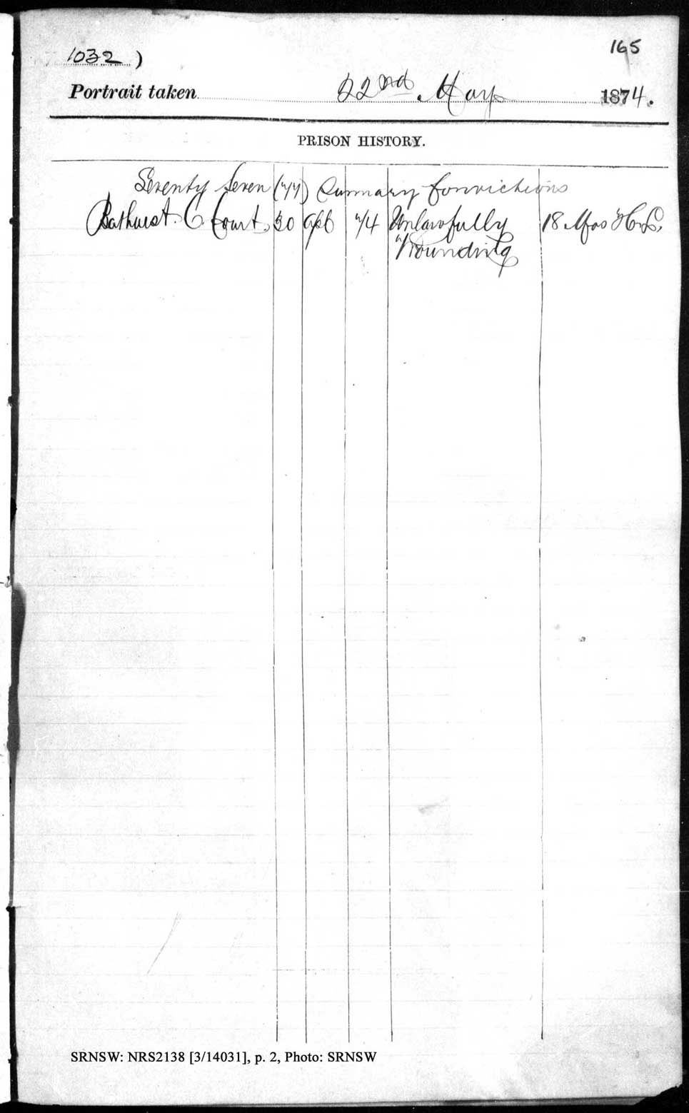 SRNSW: NRS2138, [3/14031], Darlinghurst Gaol photographic description book, 1873-1874, No. 1032, p. 165, R5098. p.2.