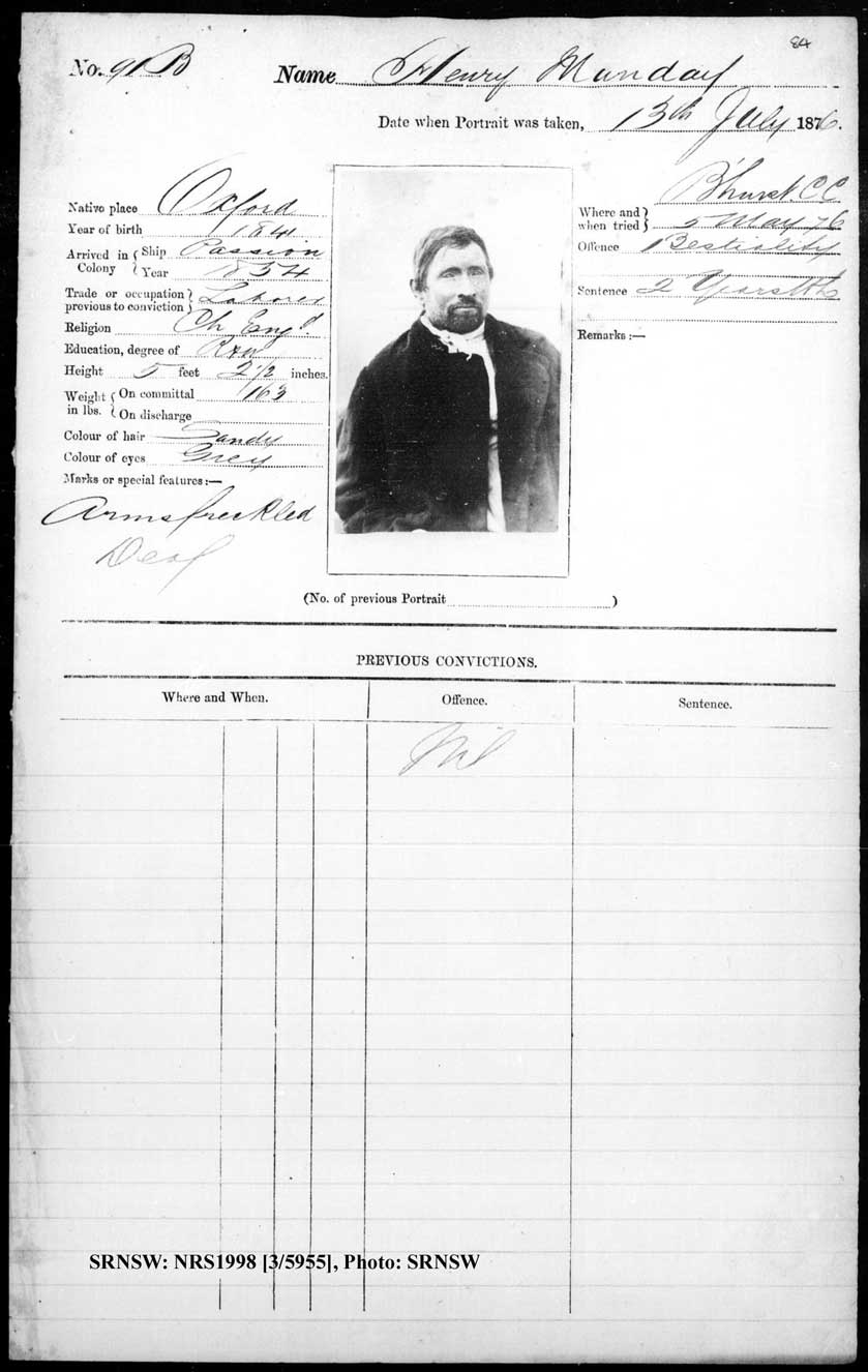 SRNSW: NRS1998, [3/5955] , Bathurst Gaol photographic description book, 1874-1930, No. 91, p. 84, R5084.