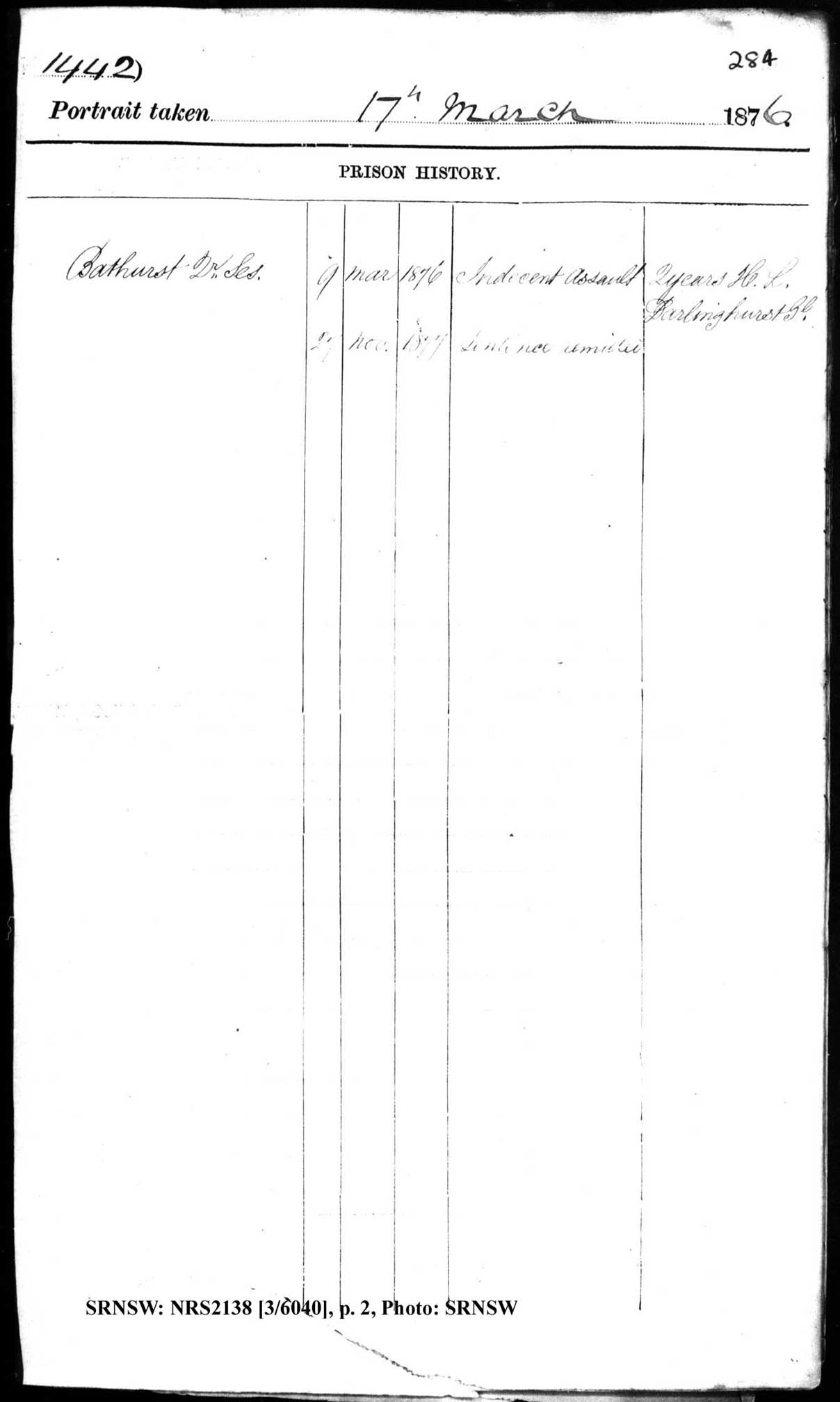 SRNSW: NRS2138, [3/6040], Darlinghurst Gaol photographic description book, 1874-1876, No. 1442, p. 284, R5098. p.2.