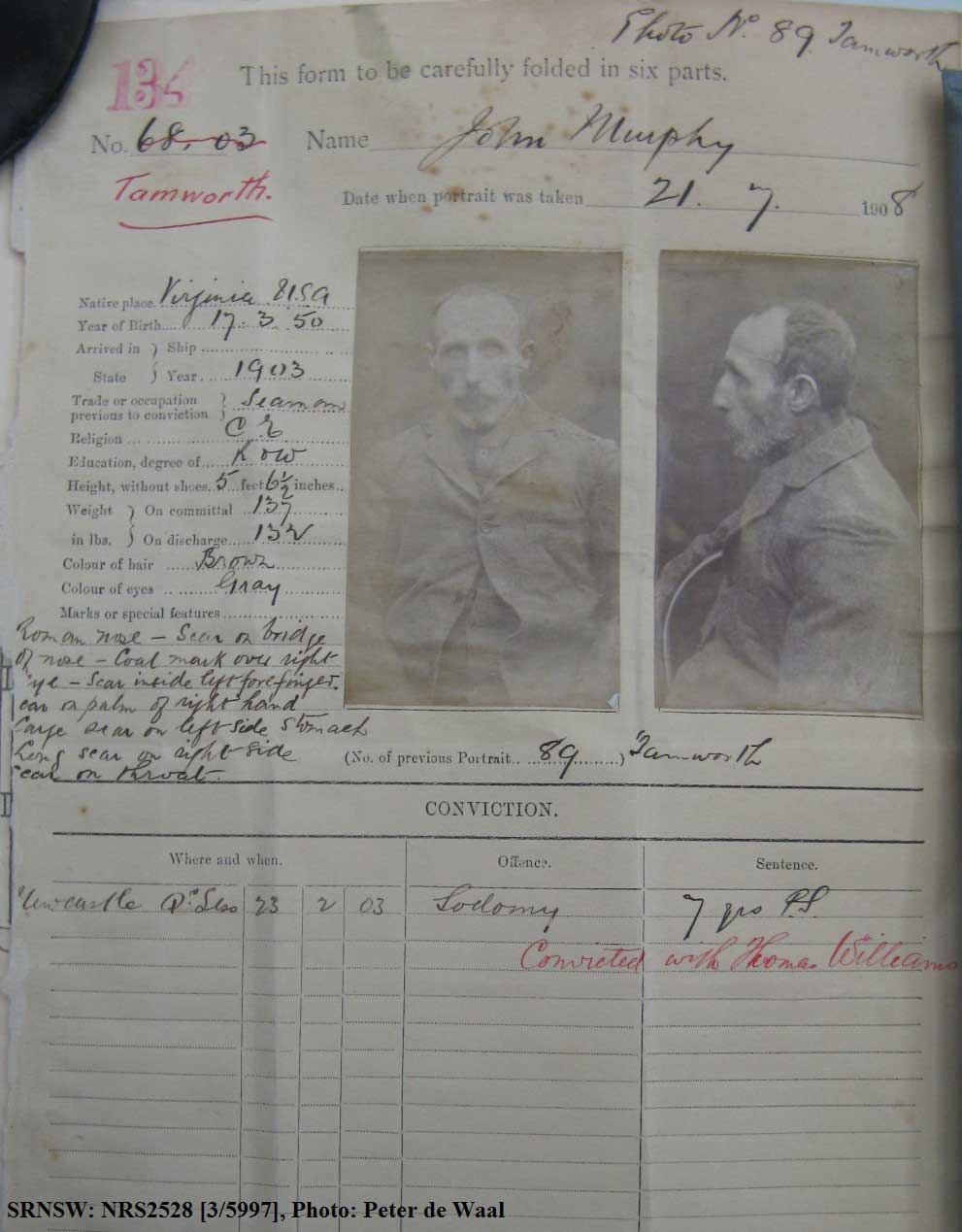 SRNSW: NRS2528, [3/5997] , Tamworth Gaol photographic description book, 1894-1929, No. 89, p. –, R5139.