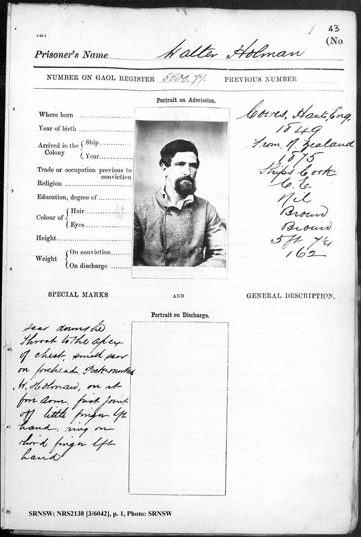SRNSW: NRS2138, [3/6042] , Darlinghurst Gaol photographic description book, 1877-1879, No. 1786, pp. 43a, 43b, R5099. p.1.