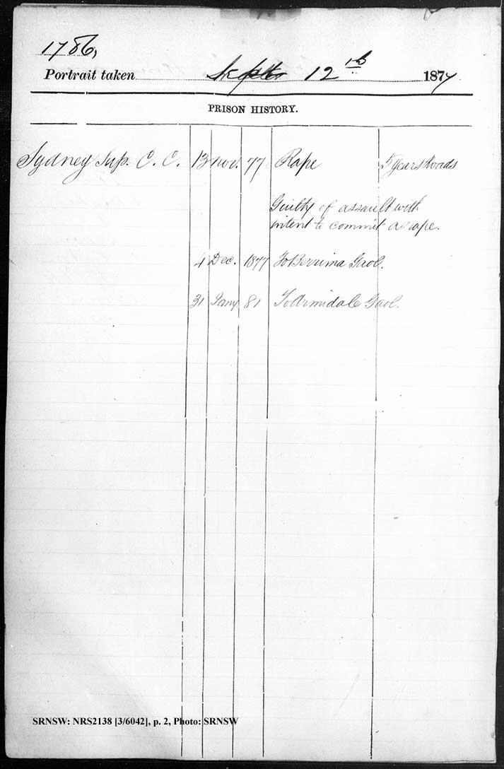 SRNSW: NRS2138, [3/6042] , Darlinghurst Gaol photographic description book, 1877-1879, No. 1786, pp. 43a, 43b, R5099. p.2.