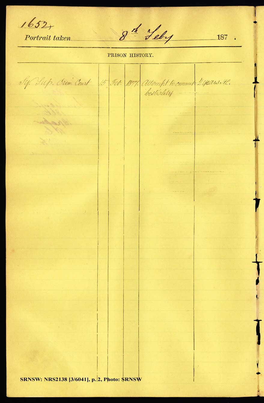 SRNSW: NRS2138, [3/6041], Darlinghurst Gaol photographic description book, 1876-77, No. 1652, p. 206, R5099. p.2.
