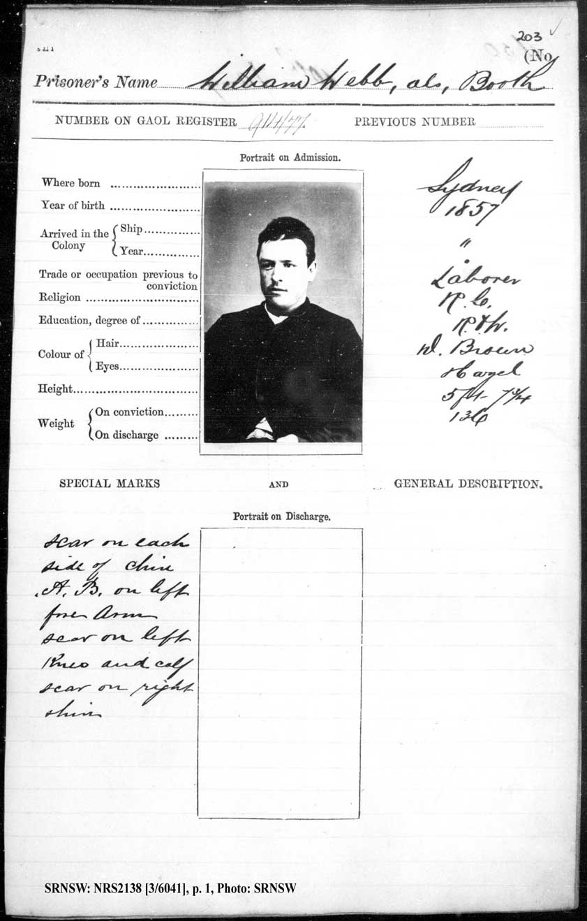 SRNSW: NRS2138, [3/6041], Darlinghurst Gaol photographic description book, 1876-1877, No. 1649, p. 203, R5099. p.1. Emphasis added.