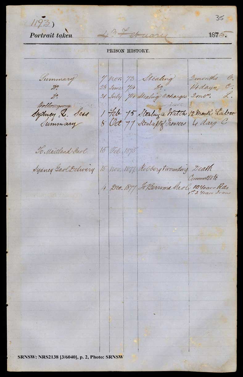 SRNSW: NRS2138, [3/6040], Darlinghurst Gaol photographic description book, 1874-1876, No. 1193, p. 35, R5098. p.2.