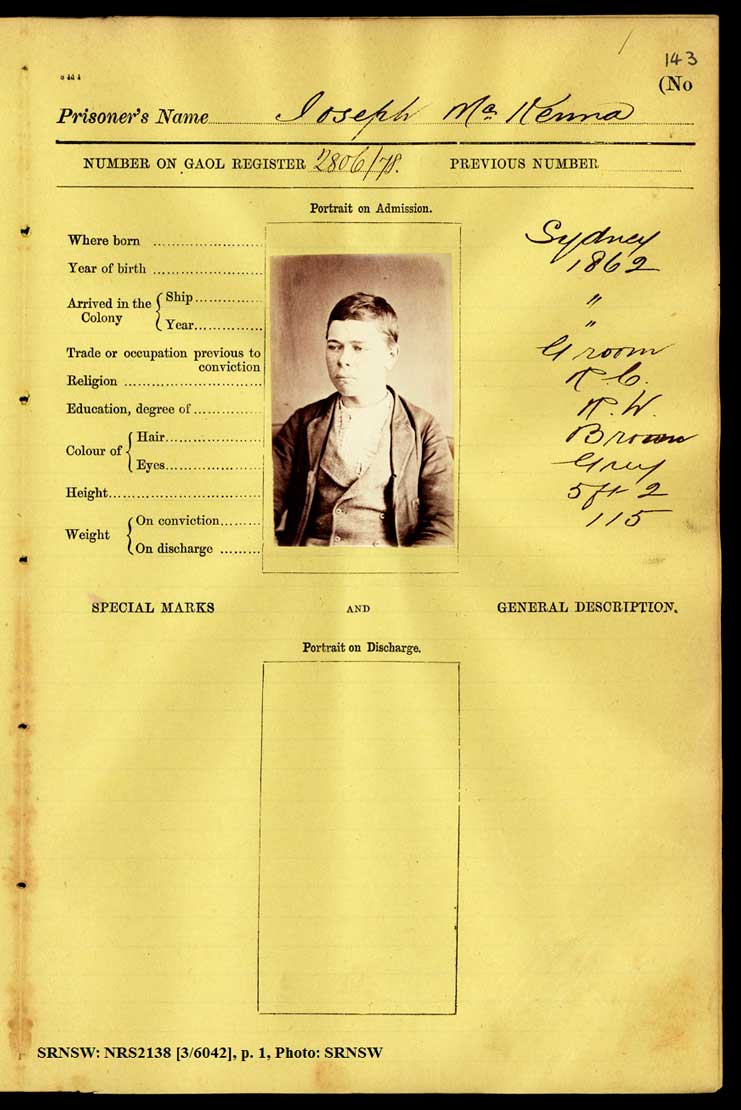 SRNSW: NRS2138, [3/6042], Darlinghurst Gaol photographic description book, 5 Jul 1877-9 May 1879, No. 1886, p. 143, R5099. p.1.