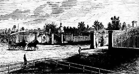 Ornamental entrance to Hyde Park - junction of Park and College Streets. St James' Church spire, King Street, just visible above carriage. Source: Illustrated Sydney News and New South Wales Agriculturist and Grazier, (NSW), Sat 5 Jul 1873, p.1. Reproduction: Peter de Waal.