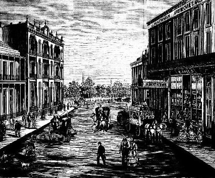 View from Oxford Street towards Hyde Park. Source: Illustrated Sydney News and New South Wales Agriculturist and Grazier, (NSW), Thu 12 Oct 1876, p.4. Reproduction: Peter de Waal.