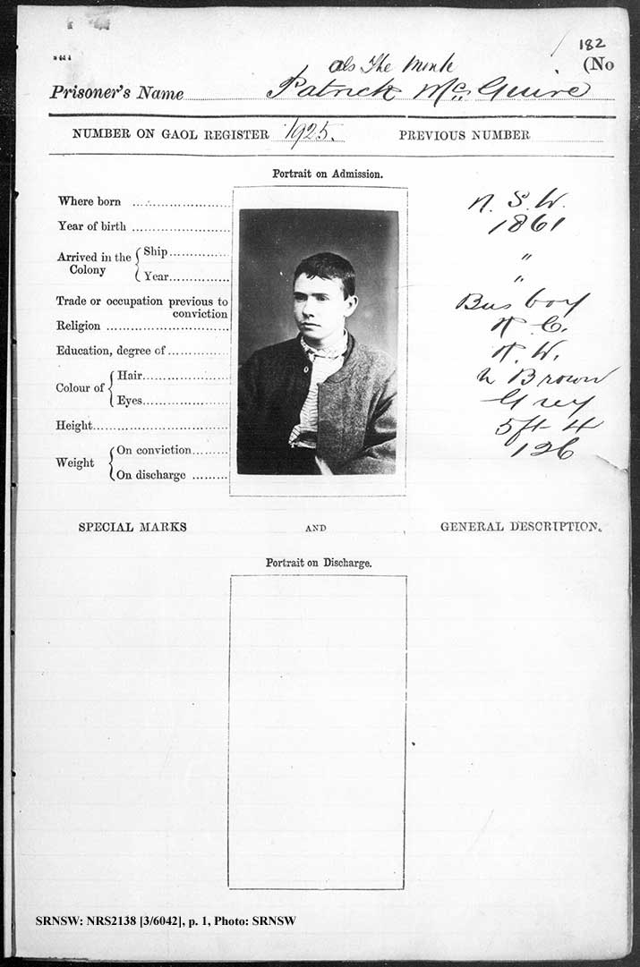  5 6 ￼SRNSW: NRS2138, [3/6042], Darlinghurst Gaol photographic description book, 1877-1879, No. 1925, pp. 182a, 182b, R5099. p.1.