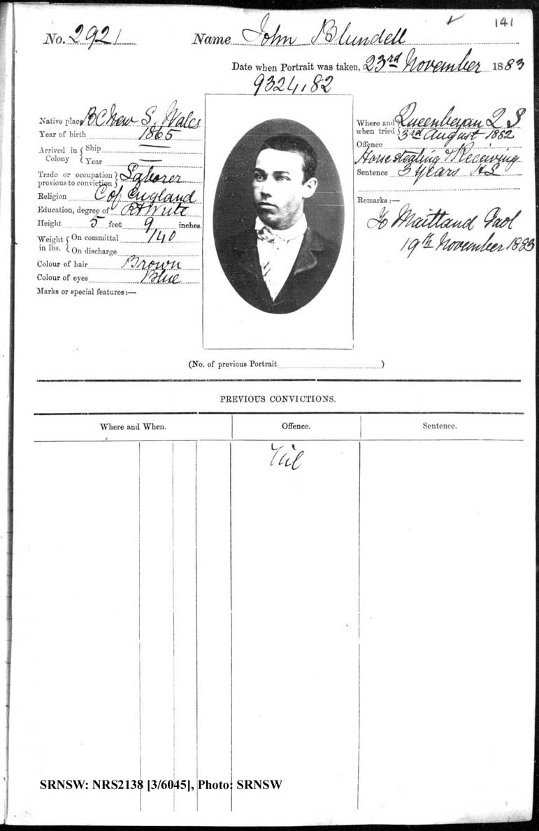 SRNSW: NRS2138, [3/6045], Darlinghurst Gaol photographic description book, 1883-1884, No. 2921, p. 141, R5101.