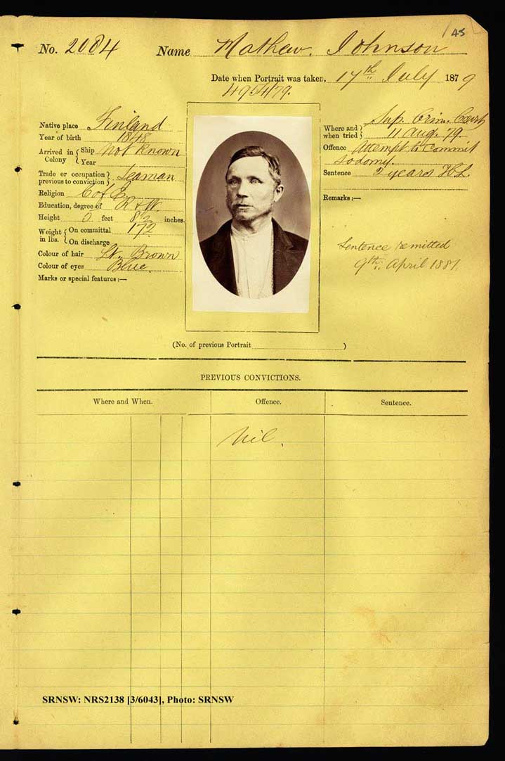SRNSW: NRS2138, [3/6043], Darlinghurst Gaol photographic description book, 1 Apr 1879-16 Apr 1881, No. 2084, p. 45, R5100.