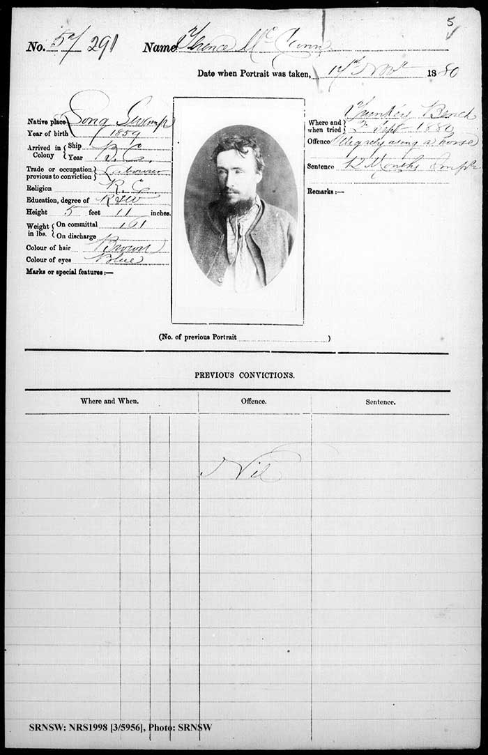 SRNSW: NRS1998, [3/1880-McCann], Bathurst Gaol photographic description book, 17 Nov 1880-2 Jul 1883, No. 291, p. 5, R5084