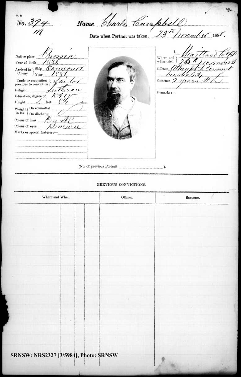 SRNSW: NRS2327, [3/5984] , Maitland Gaol photographic description book, 1875-1930, No. 394, p. 86, R5129.