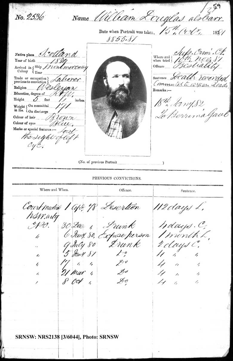 SRNSW: NRS2138, [3/6044] , Darlinghurst Gaol photographic description book, 1881-1883, No. 2536, p. 59, R5100.