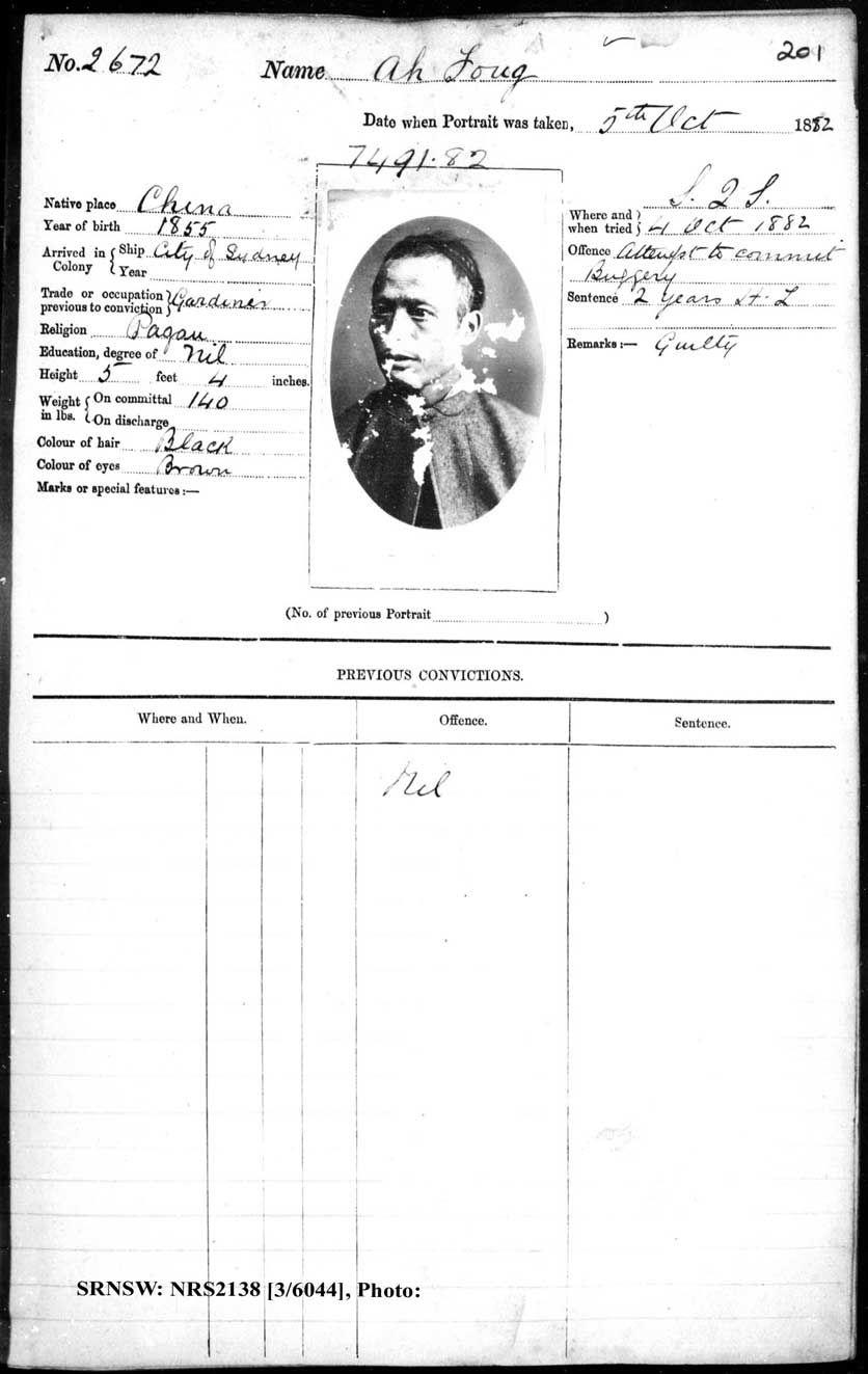 SRNSW: NRS2138, [3/6044] , Darlinghurst Gaol photographic description book, 1881-1833, No. 2672, p. 201, R5100.