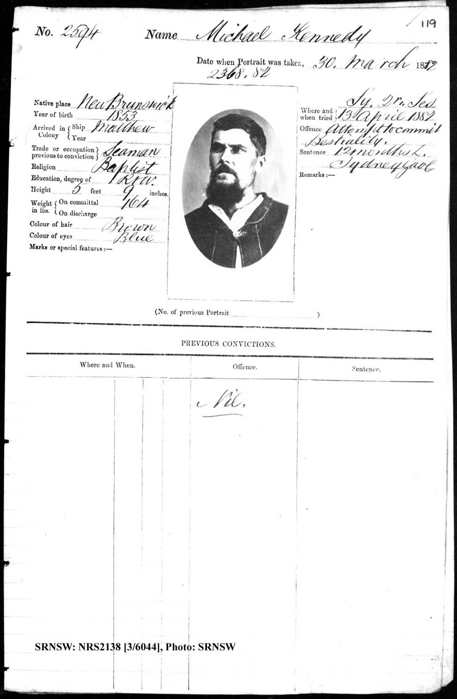 SRNSW: NRS2138, [3/6044] , Darlinghurst Gaol photographic description book, 1881-1883, No. 2594, p. 119, R5100.