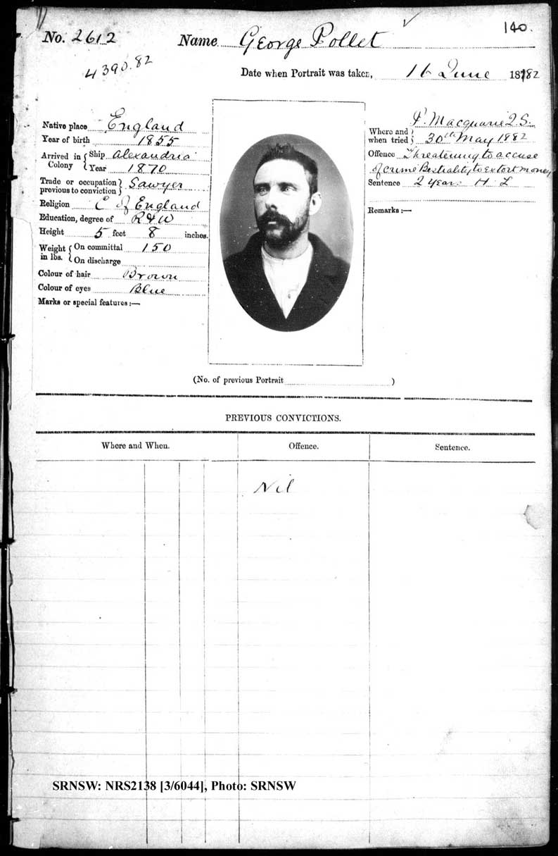 SRNSW: NRS2138, [3/6044] , Darlinghurst Gaol photographic description book, 1881-1883, No. 2612, p. 140, R5100.