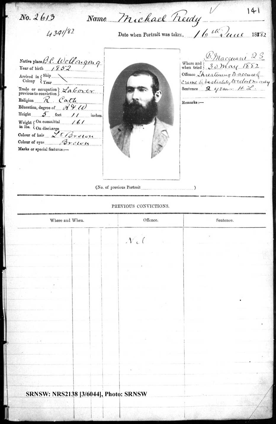 SRNSW: NRS2138, [3/6044] , Darlinghurst Gaol photographic description book, 1881-1883, No. 2613, p. 141, R5100.