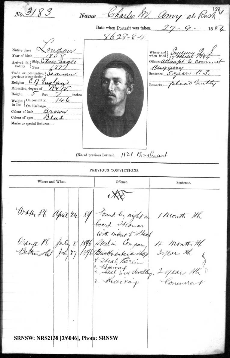 SRNSW: NRS2138, [3/6046] , Darlinghurst Gaol photographic description book, 1884-1884, No. 3183, p. 158, R5101.
