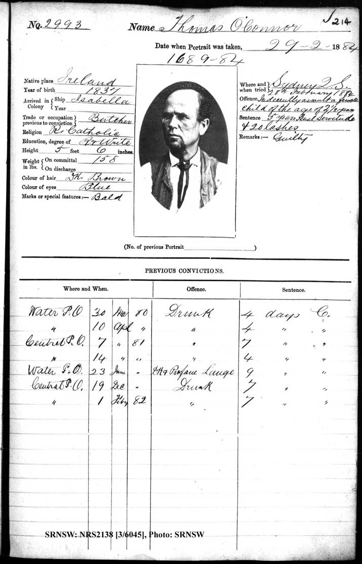 SRNSW: NRS2138, [3/6045], Darlinghurst Gaol photographic description book, 1883-1884, No. 2993, p. 214, R5101.