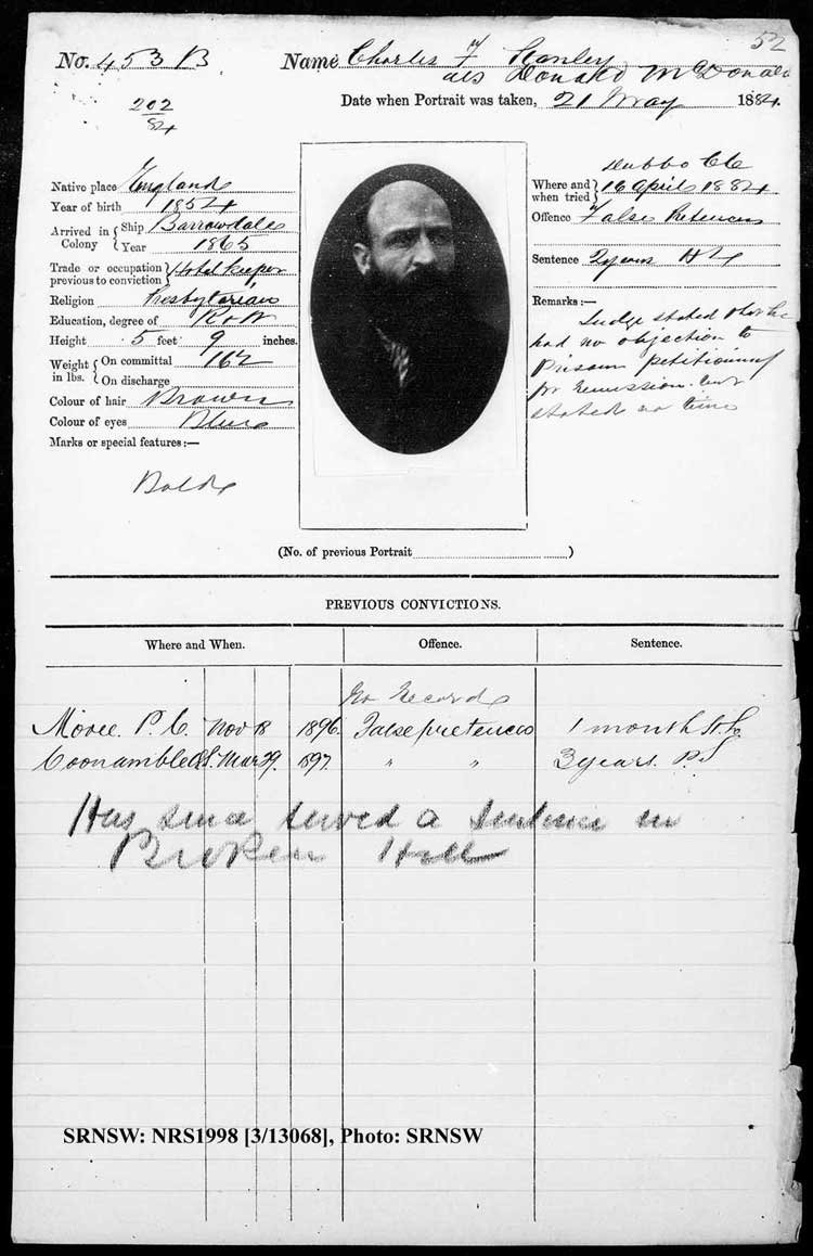 SRNSW: NRS1998, [3/13068], Bathurst Gaol photographic description book, 1874-1930, No. 453, p. 52, R5088.