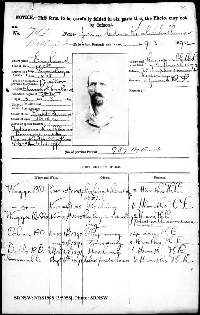 SRNSW: NRS1998, [3/5958], Bathurst Gaol photographic description book, 1874-1930, No. 745, p. 75, R5085.