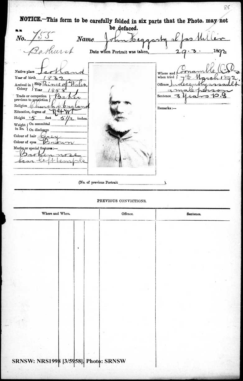 SRNSW: NRS1998, [3/5958], Bathurst Gaol photographic description book, 1874-1930, No. 755, p. 85, R5085.